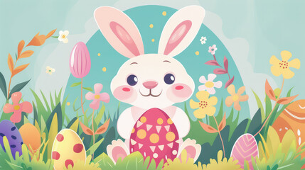 Cute Easter bunny on a flowery forest or field background for Easter party concept