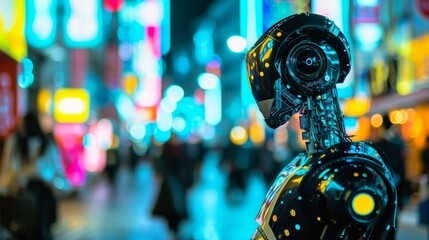 A luminous robot navigates through the bustling city streets at night, admiring the vibrant street art that illuminates the darkness
