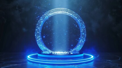 Blue hologram portal. Magic fantasy portal. Magic circle teleport podium with hologram effect. Abstract high tech futuristic technology design. Round shape. Circle Sci-fi element light and lights. -- - obrazy, fototapety, plakaty