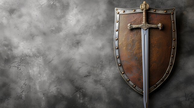 Medieval sword and shield against a concrete wall - Powered by Adobe