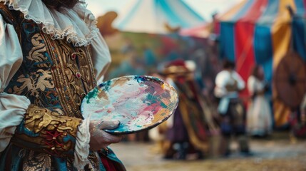 Obraz premium A vibrant dancer adorned in traditional clothing adds colorful brushstrokes to the outdoor festival with their paint palette, bringing the lively tradition to life through dance