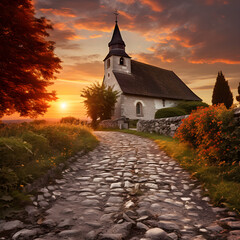 Exquisite Sunset over an Exemplary European Primitive Church - An Enrapturing Mingle of Past and Present