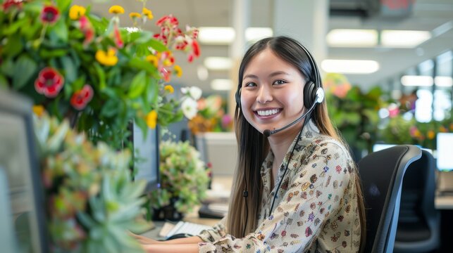 Bright and Welcoming Environment: Show the representative seated at their desk in a brightly lit and welcoming call center environment, with a big smile on their face while wearing their headset.