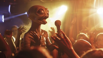 A human performer captivates the crowd with their alien-inspired outfit and electrifying microphone at a lively concert event