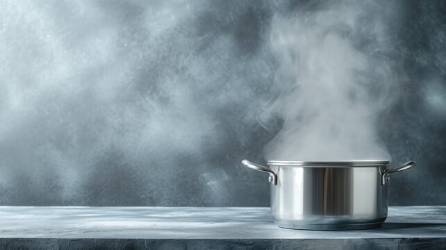 A steaming pot on a moody, foggy background