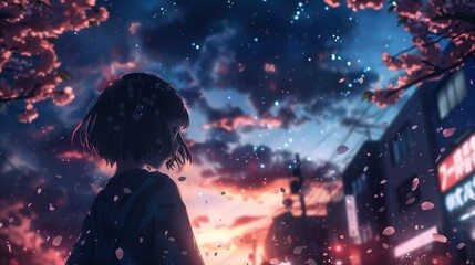 An anime style movie poster with the stylized words TOMORROW, with a girl looking upwards at the night sky - obrazy, fototapety, plakaty
