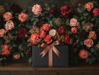 A black gift box adorned with a pink ribbon surrounded by a bouquet of colorful flowers.