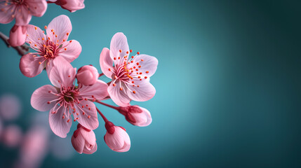 Beautiful pink sakura flowers against a blue spring background, copy space for your text