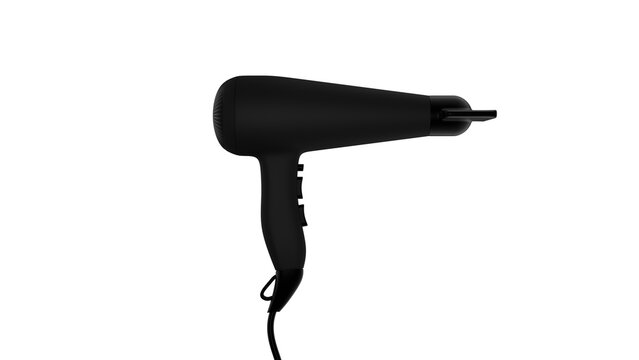 Black modern hair dryer isolated on transparent and white background. Dryer concept. 3D render