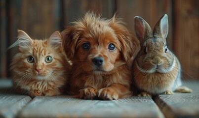 A team of pets, a Maltipoo dog, a ginger cat and a rabbit