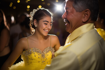 beautiful 15 year old Latina quince girl dressed in yellow sparkly dress at her quinceanera party dancing with her father
