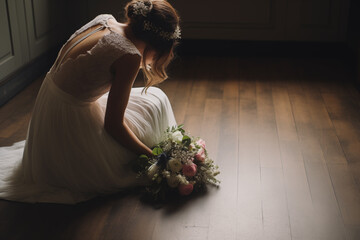 soft focus moody image of a distressed bride sitting on the floor in her gown with her bouquet - Powered by Adobe
