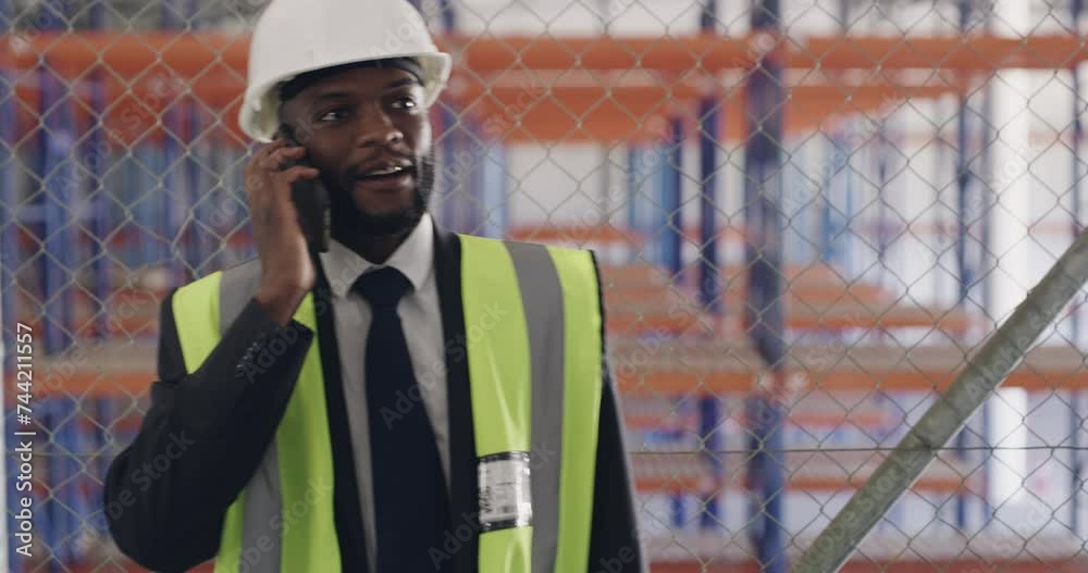 Poster phone call, engineer and construction worker with discussion on site with building plans and safety 