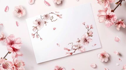 "The floral wedding invitation card template features Somei Yoshino sakura flowers and leaves, complemented by ampersand lettering, all set against a white background with a pastel vintage theme