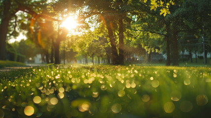 Obraz premium A sunny summer morning in a lush green forest.