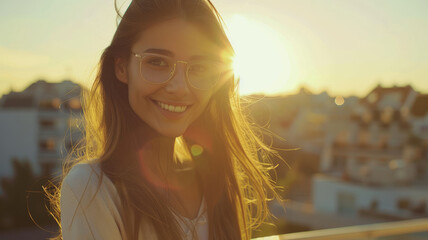 A happy young woman in glasses enjoying summer.