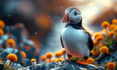 A puffin standing in the mountains against the background of the mountains and the sea