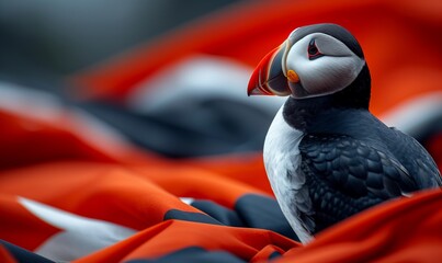 Portrait of Puffin standing on the background of the flag of Iceland, a symbol of Iceland