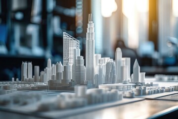 Close Up of a Model City, Graphic representation of the process of building skyscrapers using 3D printing, AI Generated