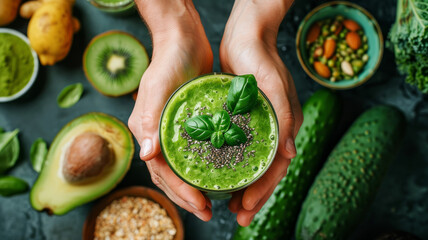 A green smoothie with fresh fruits and vegetables.