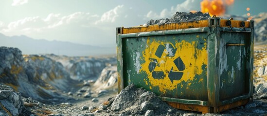A photo of a green trash can with a yellow recyclable sign, containing toxic construction waste dumped in a metal container bin. - obrazy, fototapety, plakaty