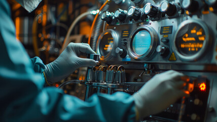 Close-up of a technician working on an electronic device in a manufacturing laboratory.