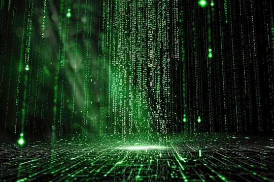 This photo showcases a vibrant green and black background filled with a multitude of numbers, Green code raining down a black screen, Matrix-like scene, AI Generated
