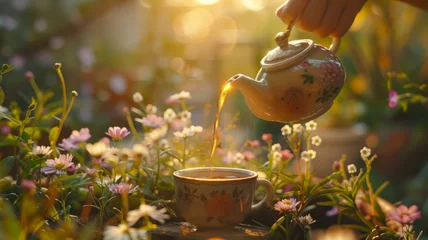 Fotobehang A cup of fresh hot tea on a wooden table. © SashaMagic