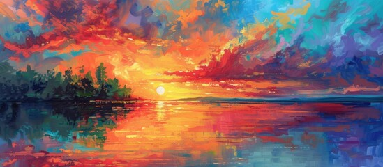 This painting depicts a vibrant sunset casting warm hues over a tranquil lake. The sky is ablaze with oranges, pinks, and purples, reflecting on the calm waters below.