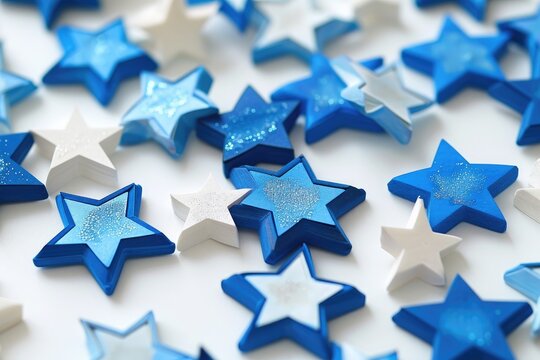 A photo showcasing a collection of blue and white stars arranged neatly on a table, Hanukkah decorations of blue and white stars, AI Generated