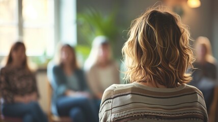 Person from behind at a blurred group therapy session - obrazy, fototapety, plakaty