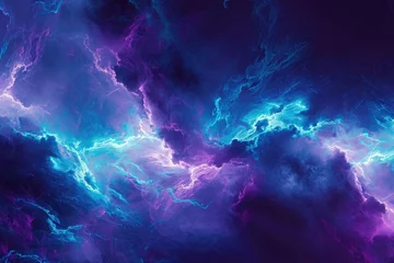 Muurstickers A striking image capturing a purple and blue cloud with vibrant lightning illuminating the sky, High-energy abstract background using electric blues and purples, AI Generated © Ifti Digital