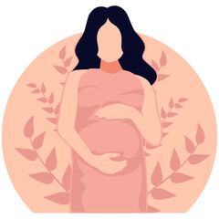 Pregnant woman standing holding stomach on floral background