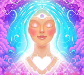 illustration of a woman in prayer. love and spirituality. third eye and awakening - 744212589