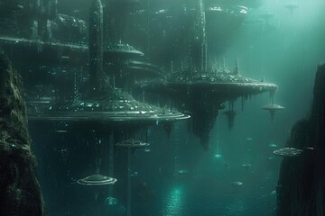 Futuristic Sci-Fi Scene With Multiple Repetitions, Highly evolved underwater alien civilization thriving amidst advanced technological structures, AI Generated