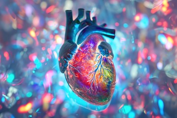 A human heart is depicted in the center of the image, surrounded by vibrant and colorful lights, Holographic visualization of a human heart, AI Generated