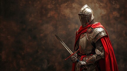 Naklejka premium Knight in full armor holding a sword on a dark backdrop