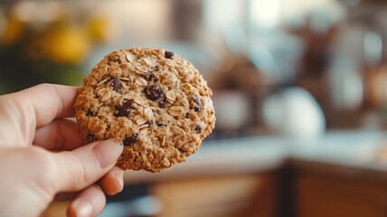 A hand holding an oatmeal raisin cookie