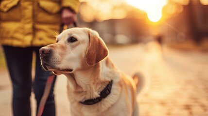 A Labrador dog on a leash during sunset