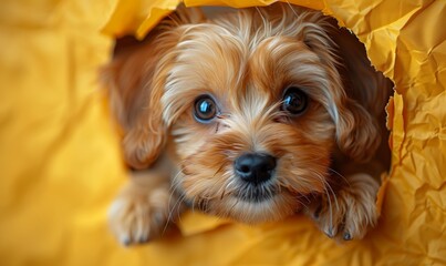 Funny maltipoo puppy punching a hole with his head in yellow paper in studio with copy space