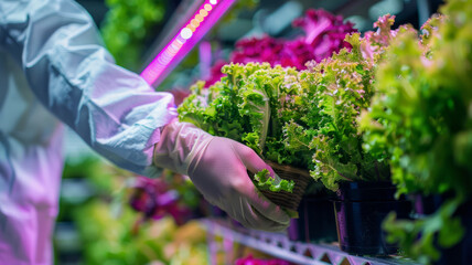 Woman picking fresh organic lettuce in a greenhouse.