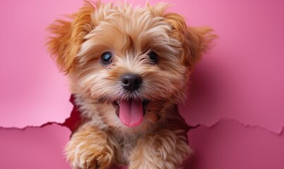 Funny maltipo puppy with tongue sticking out punches a hole with his head in pink paper in studio