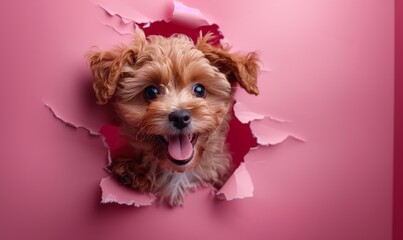 Funny maltipo puppy with tongue sticking out punches a hole with his head in pink paper in studio