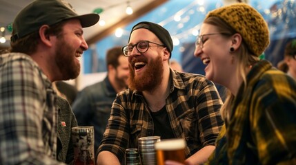 Three friends enjoying a fun day at the local brewery, laughing and having a great time together - obrazy, fototapety, plakaty