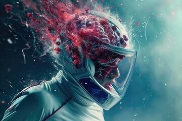 A man in a space suit appears with a red explosion emanating from his head, Hyperrealistic illustration of a concussion, AI Generated - obrazy, fototapety, plakaty