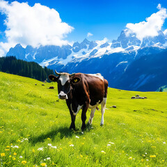 Fototapeta na wymiar Cow in an alpine meadow.