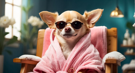 adored  dog in a bathrobe in a spa salon resting