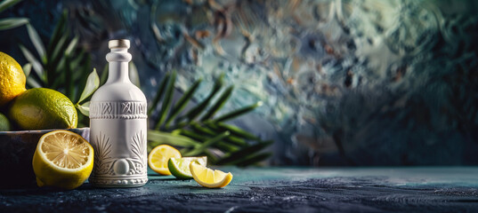 White ceramic bottle with fresh lemons and lime, artistic still life on textured backdrop