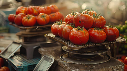 A close-up of juicy red tomatoes being weighed.