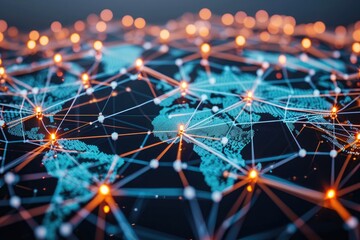 Interconnected Lines on a Map of the World, Individuals from different geographical locations linked together through a blockchain chain, AI Generated